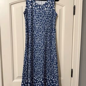 Navy Blue Sleeveless Floral Print A-Line Dress